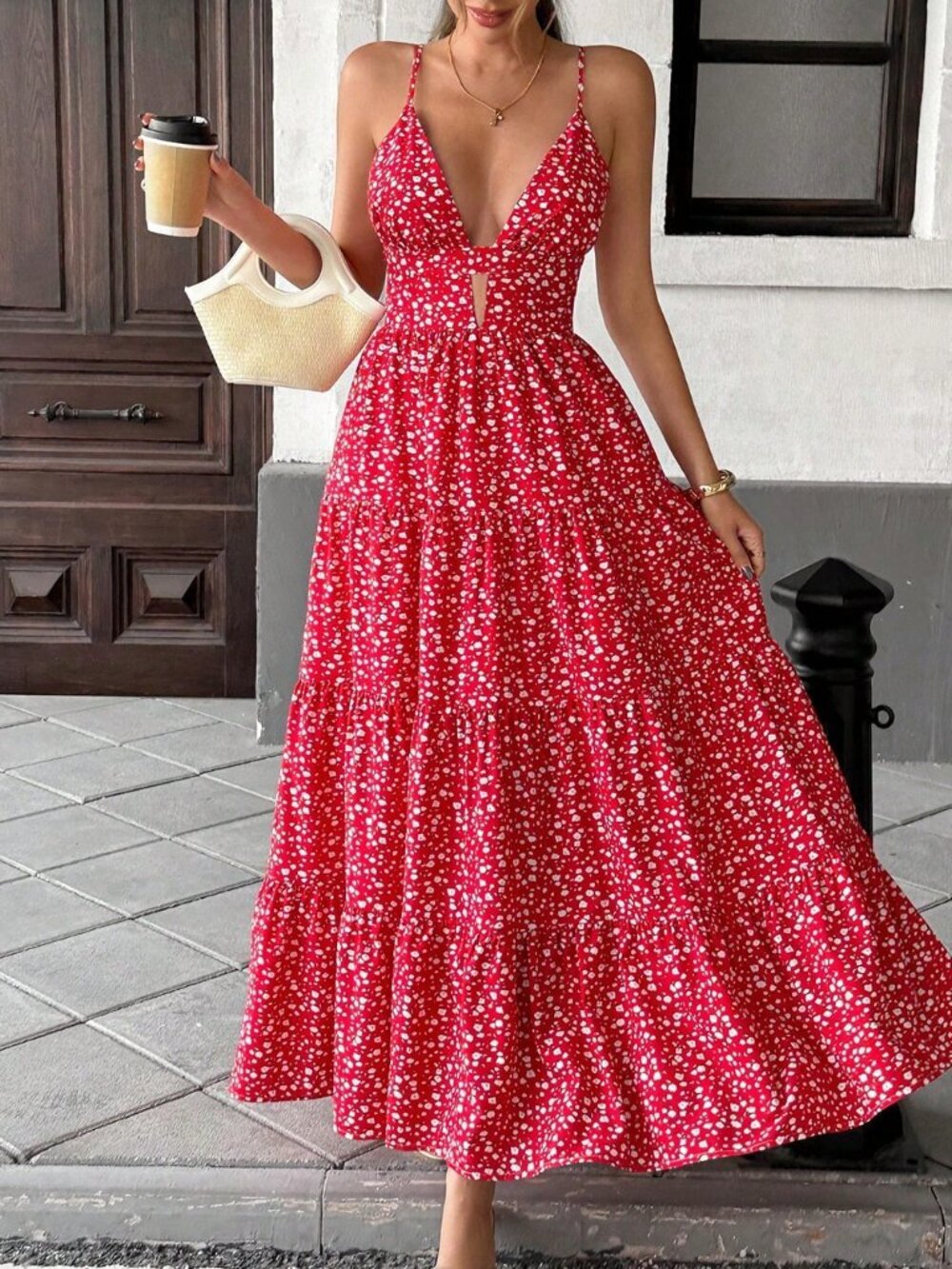 Red Boho Women's Floral Maxi Dress with Deep V Neck, Backless - Picture 5 of 6